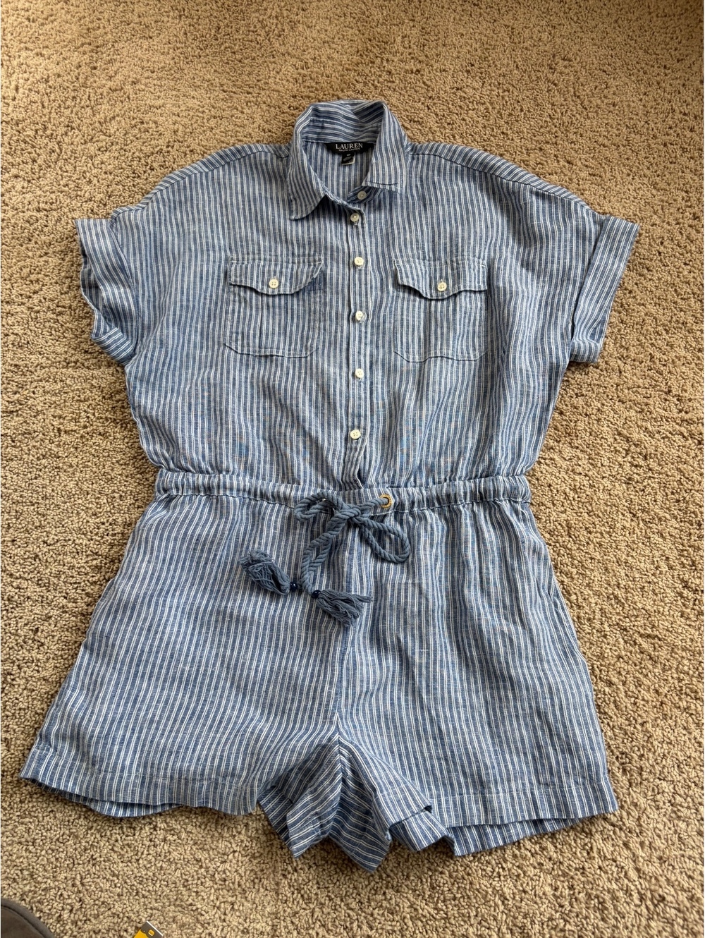 Lauren Ralph Lauren Pinstripe Linen Short-Sleeve Romper shorts Blue Stripes 10P